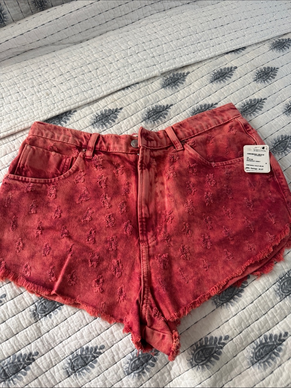 Nordstrom We the Free  Red Distressed Embroidered Denim Shorts